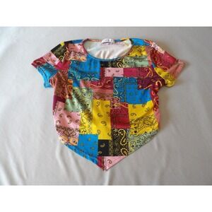 Love J Large Crop Top Shirt Boho Festival Paisley Colorful Open Tie Back